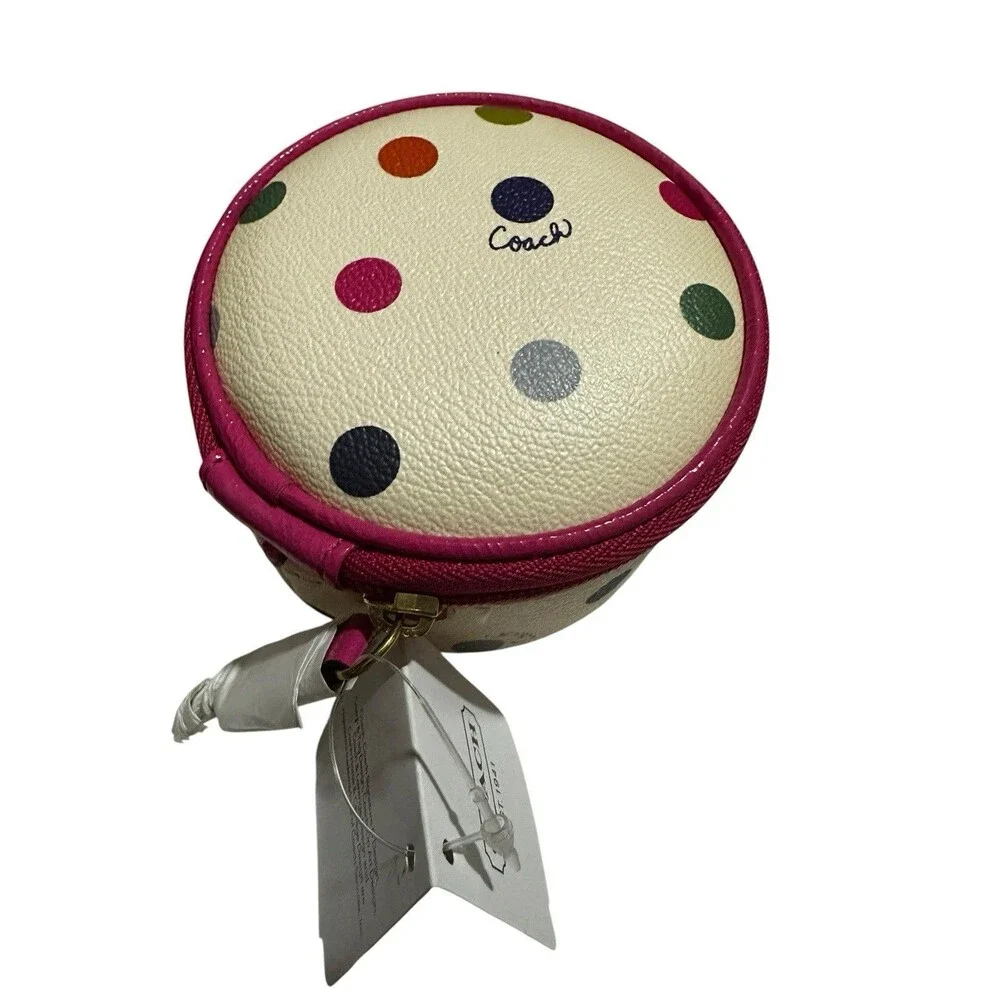 RARE Coach Polka dot Round Travel Jewelry Box White/multicolor Mirror NWT HTF